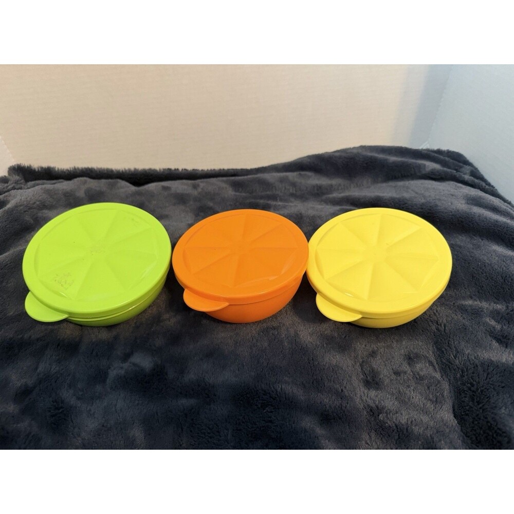 3 Tupperware Citrus Keeper Bowls Orange Lime Green Yellow With Lids